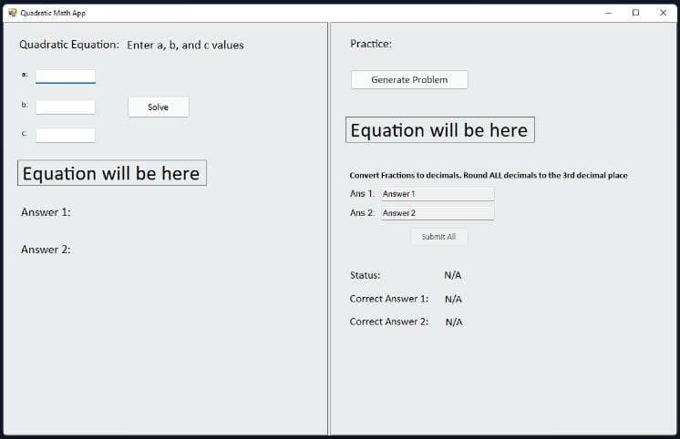 Developed a Quadratic Math App using C# and WinForms